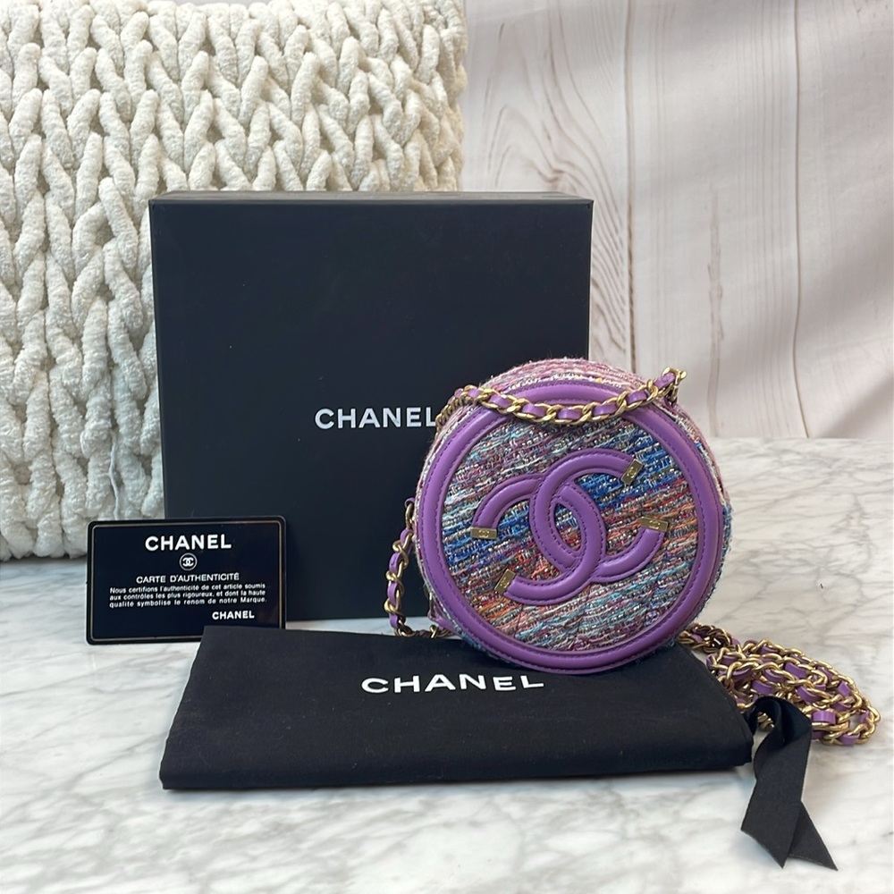 CHANEL Multicolor Tweed Round Crossbody Bag with Purple Trim